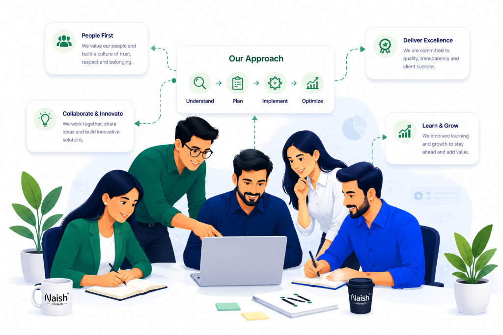 The Naish Infotech team and our approach: understand, plan, implement and optimise, built on people-first collaboration